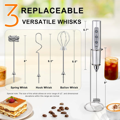 YUSWKO Silver Rechargeable Milk Frother for Coffee with Stand, Handheld Drink Mixer with 3 Heads 3 Speeds Electric Stirrers for Latte, Cappuccino, Hot Chocolate, Egg