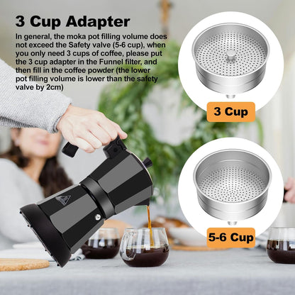 Electric Aluminum Moka Pot 5-6 Cup 270ml Espresso Maker with Detachable Base Ideal Coffee Makers for Home MochaPot Italian and Cuban Café Coffeemaker Espressomaker CoffeePot Black