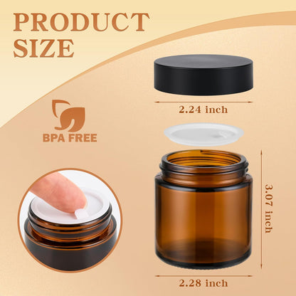 Glass Jars with Lids,Eco-Friendly Cosmetic Containers with Airtight Black Lids & Liners, Multi-Color Options for Cream, Lotion, Body Butter, DIY Skincare Travel Jars (Amber, 4oz)