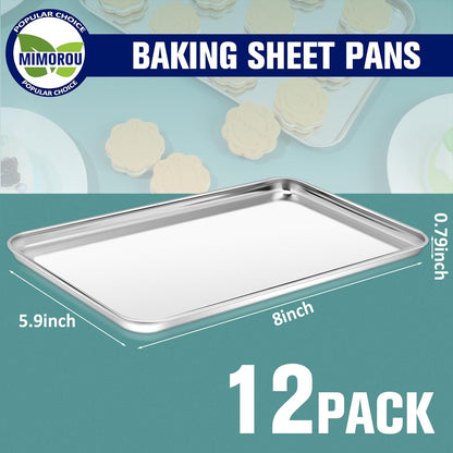 Mimorou 12 Pcs Baking Sheet Stainless Steel Cookie Sheet Small Metal Pans Professional Rectangle Oven Trays Kitchen Baking Cooking Oven and Toaster, Dishwasher Safe(8 x 5.9 Inches)