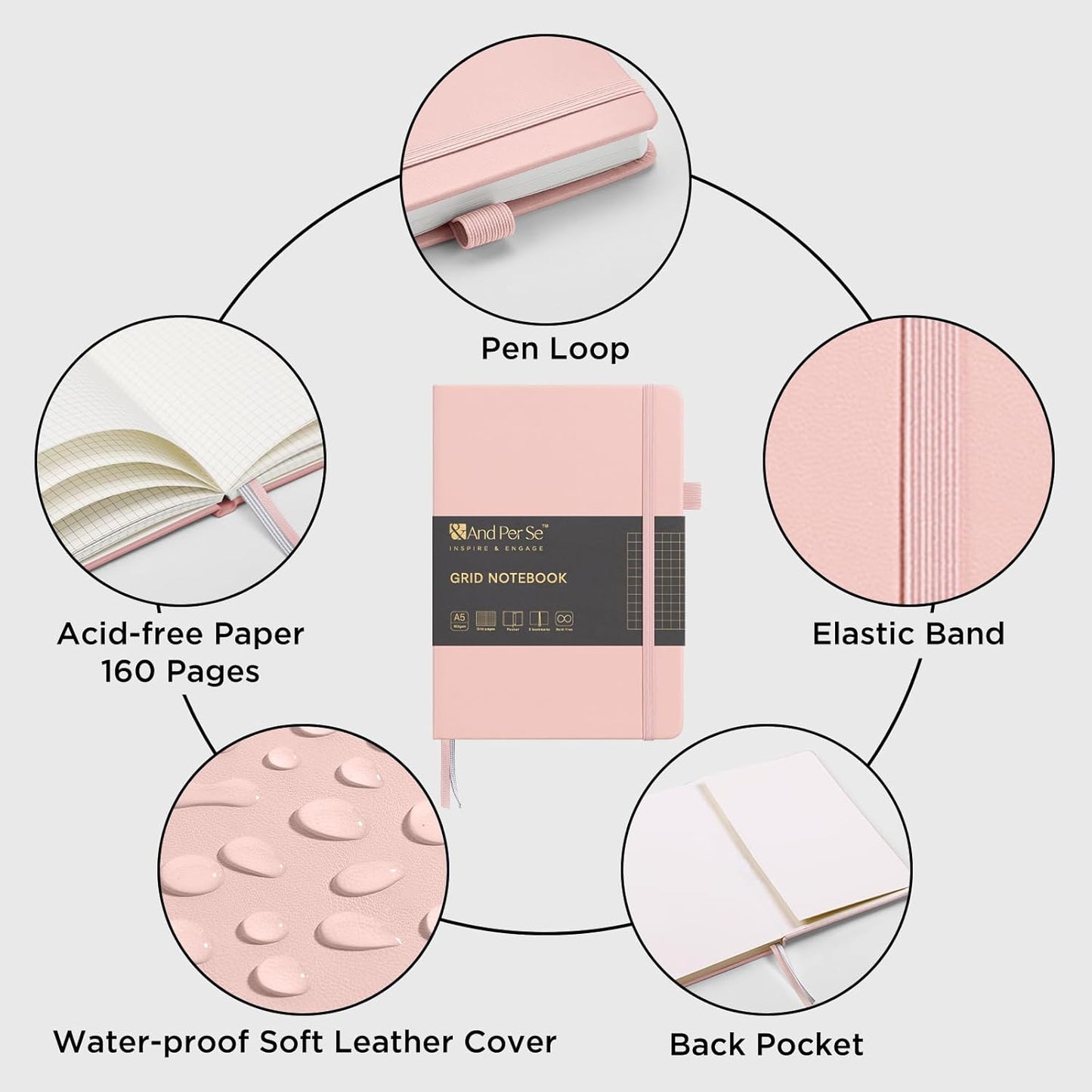 &And Per Se Graph Journal Notebook, 160 Pages, 5.7 x 8 inches College Ruled Thick Paper Notebook Journals for Writing, Grid Hardcover Notebook(1 Pack, Pink)