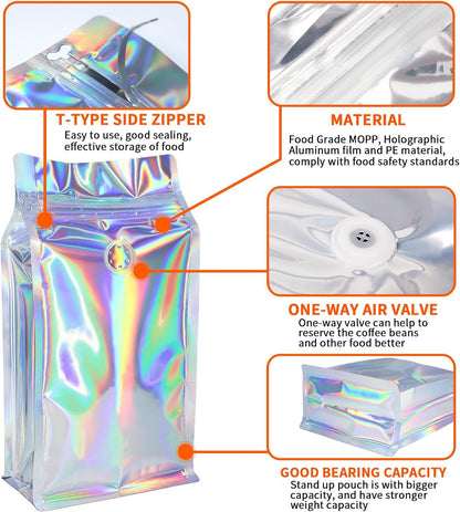 Coffee Bags with Valve (50 PCS,8oz/0.5lb) Holographic High Barrier Aluminum Foil Flat Bottom Standing Coffee Beans Storage Packaging Bags, Reusable Heat Seal Side Zipper Pouches for Small Business