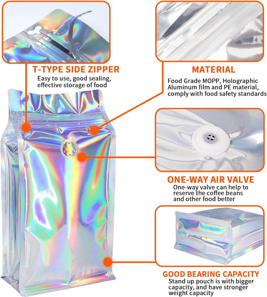 Coffee Bags with Valve (50 PCS,32oz/2lb) Holographic High Barrier Aluminum Foil Flat Bottom Standing Coffee Beans Storage Packaging Bags, Reusable Heat Seal Side Zipper Pouches for Small Business