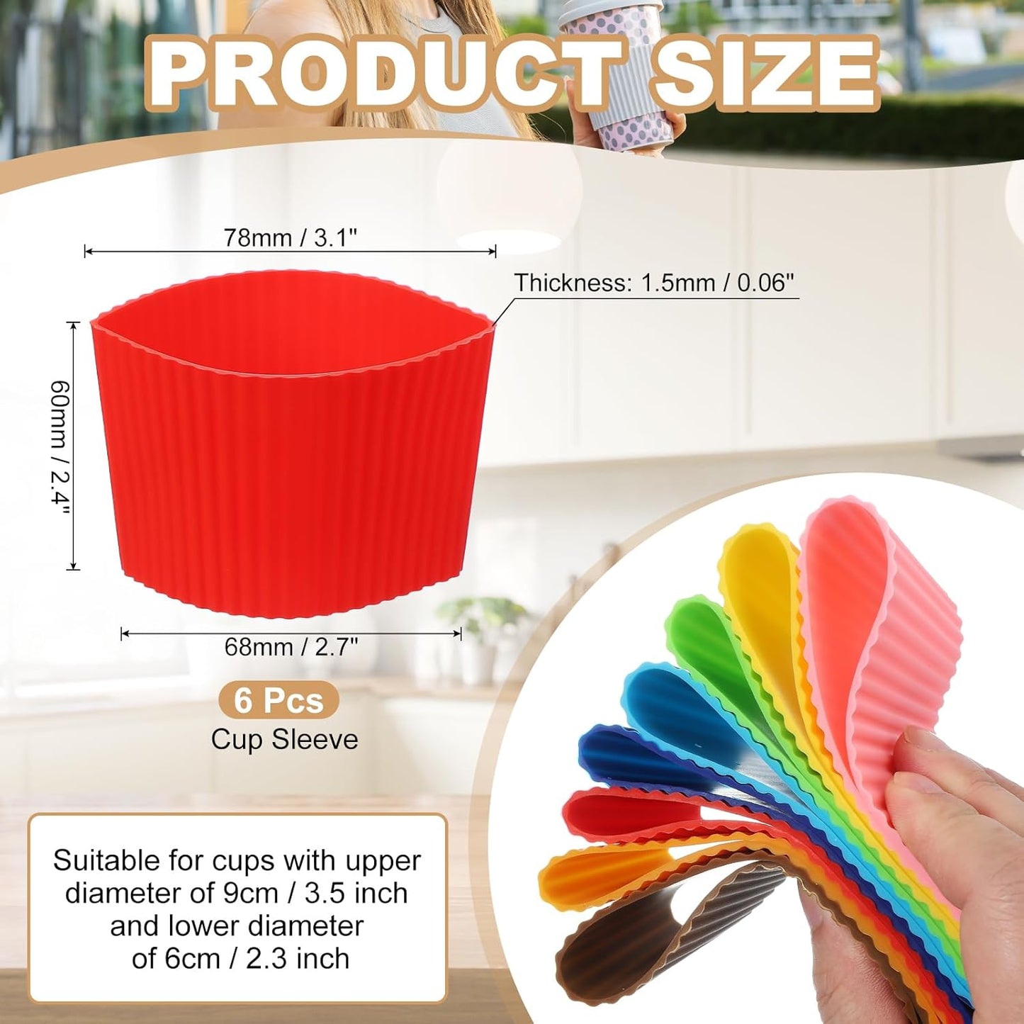 uxcell 6Pack Coffee Cup Sleeves, Reusable Silicone Heat Resistant Cup Protective Sleeve Nonslip Mug Protector Cover for Home Travel Coffee Mug Glasses Water Bottle Boots, Red