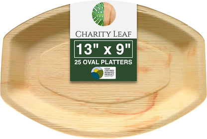 Charity Leaf Disposable Palm Leaf 13" x 9" Trays (25 pieces) Bamboo Like Serving Platters, Disposable Boards, Eco-Friendly Dinnerware For Weddings, Catering, Events