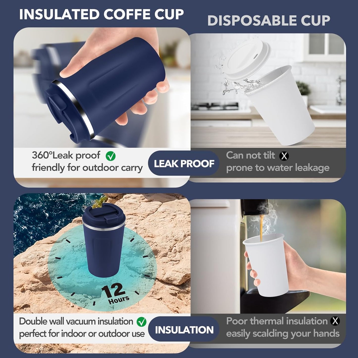 Volhoply 12 oz Double Wall Insulated Vacuum Travel Coffee Mugs with Flip Lid Bulk 2 Pack,Reusable Stainless Steel Leak Proof Coffee Cup,Portable Cafe Thermal Tumbler for Hot & Cold Drinks(Navy,2 Set)