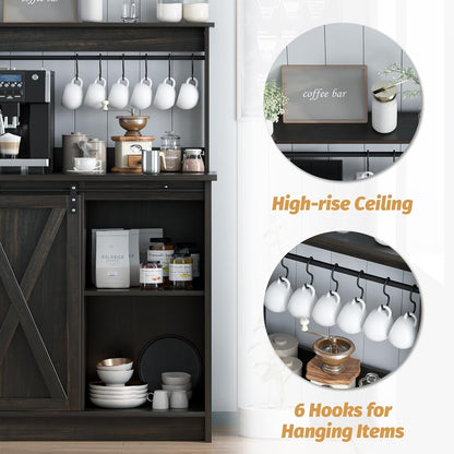 4ever2buy Farmhouse Coffee Bar Cabinet with Hutch, 50 Inch Coffee Bar Hutch with Sliding Barn Door & 6 Hooks for Living Dining Room, Dark Oak