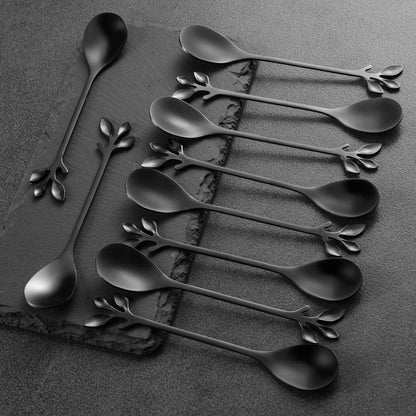 AnSaw Elegant Black Leaf Coffee Spoons - 10-Piece, 4.7" Mini Stainless Steel Espresso & Dessert Tea Spoons, Perfect for Demitasse & Small Servings