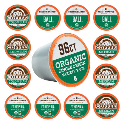 Fresh Roasted Coffee, Organic Single-Origin Variety Pack | USDA Organic, Kosher | K-Cup Compatible, 96 Pods