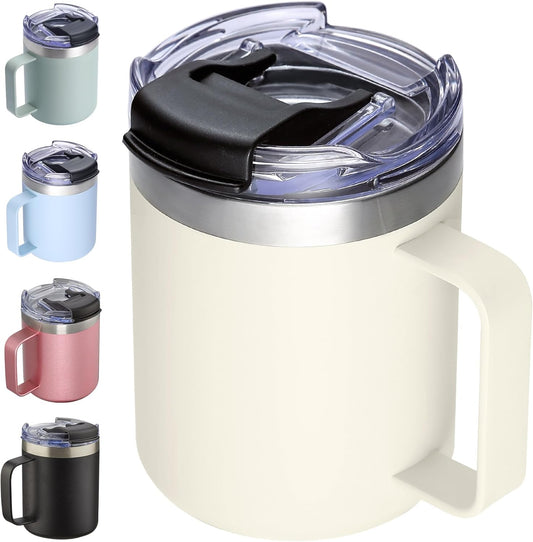 ALOUFEA 12oz Insulated Coffee Mug Cup with Handle, Stainless Steel Travel Coffee Mug with Flip Lid, Double Wall Vacuum Coffee Tumbler, Cream