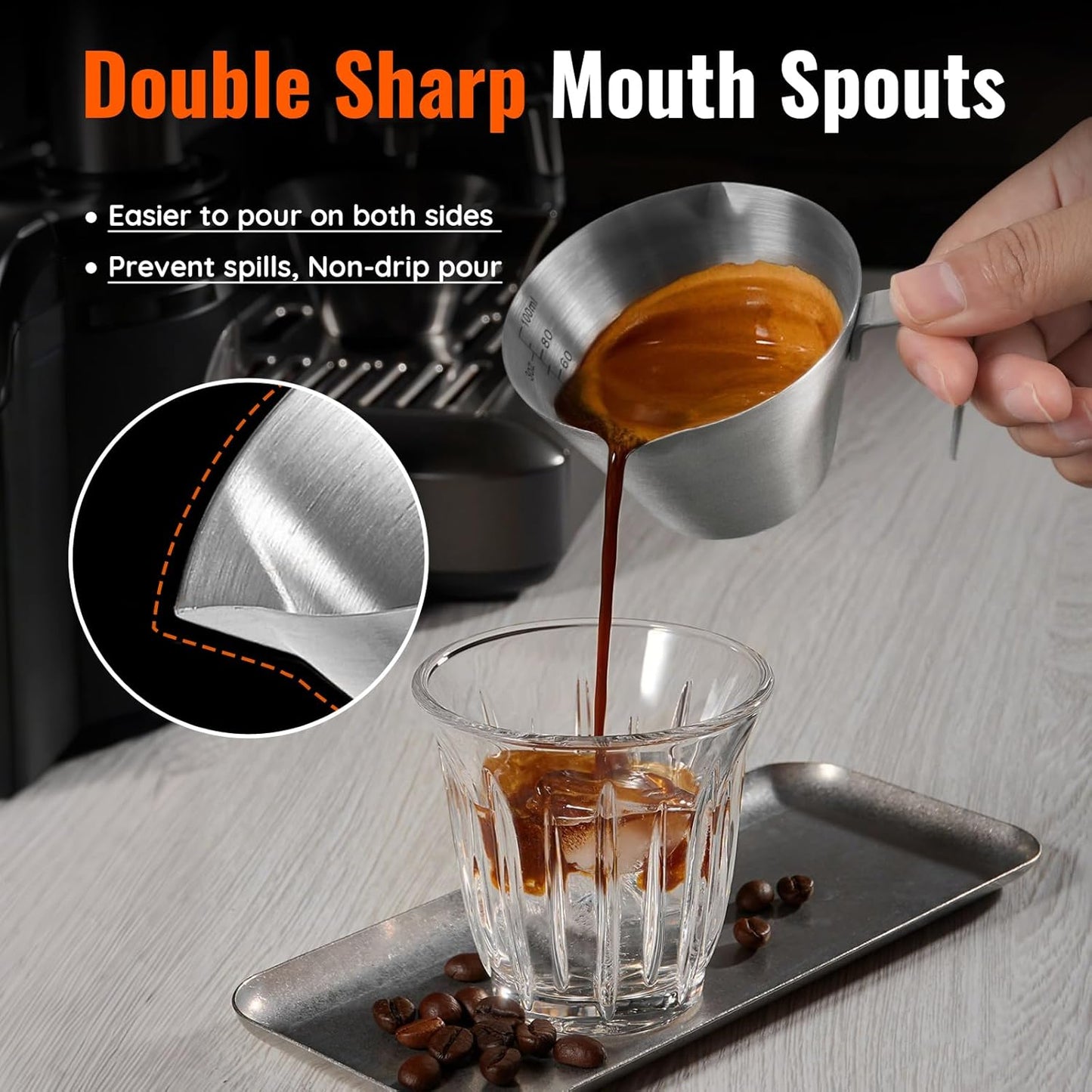 YARRAMATE Espresso Cup with Handle, Stainless Steel Espresso Accessories, Double Spout Metal Measuring Cup with Dual Scale, Espresso Shot pitcher with V-Shaped Mouth, 3.4OZ/100ML