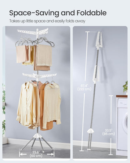SONGMICS 2-Tier Clothes Drying Rack, 75.2-Inch Folding Laundry Drying Rack with 6 Rotatable Arms for Hangers, Stainless Steel, for 54 Pieces of Clothes, White and Silver ULLR514W01