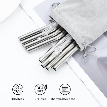 10 Pcs Stainless Steel Straw, Long Metal Straws for 40 Oz Tumbler Comes with Two Cleaning Brushes and A Bag, Reusable Drinking Accessories, Easy to Clean