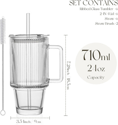 KEMORELA 6-Pack 24oz Glass Cups with Lids and Straws, Ribbed Textured Tumblers with Handle, Reusable Clear Drinking Glasses for Iced Coffee, Bubble Tea, Dishwasher Safe, Drinkware Set