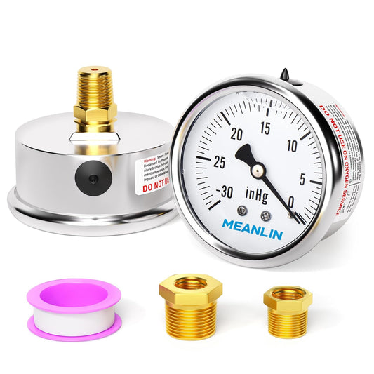 MEANLIN MEASURE -30inHG~0Psi Stainless Steel 1/4" NPT 2.5" FACE DIAL,Vacuum Liquid Filled Pressure Gauge,Single Scale, WOG Water Oil Air, Back Mount, with 1/2" NPT and 3/8" NPT Hex Bushing
