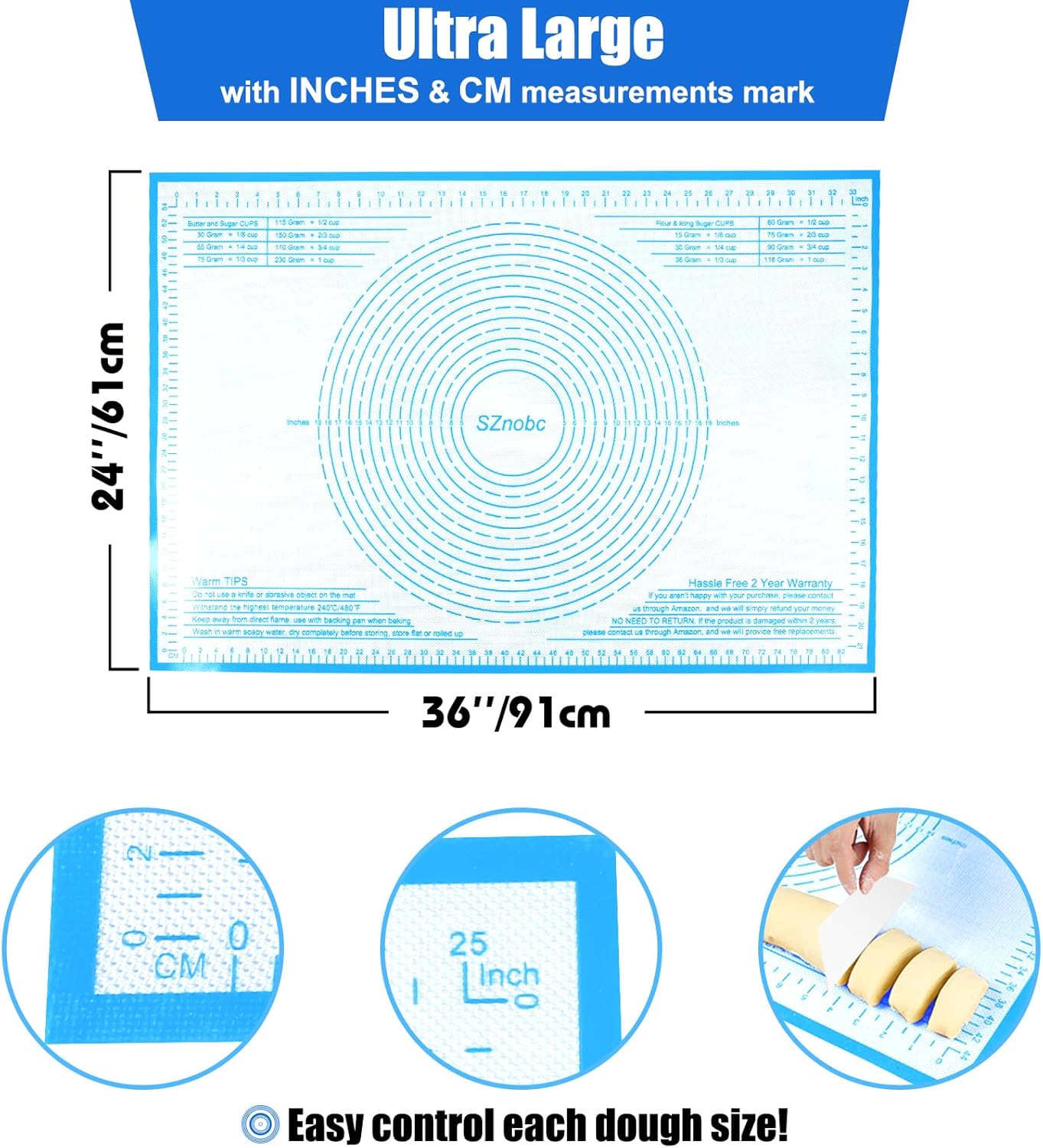 Silicone Pastry Mat 36x24 Inch Nonstick Baking Mat Perfect for Dough Mat, Pastry Board, Kitchen Counter Mat - For Dough, Pastry, Pie Crust, Fondant, Cookies, Bread, Pasta/Pizza, Blue