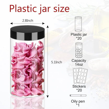 Plastic Jars with Lids 20Pcs 14 oz Clear Plastic Slime Storage Jars Containers with Airtight Leak Proof Black Plastic Screw On Lids Cylinder Clear Round Jar Food Grade Durable PET Jar