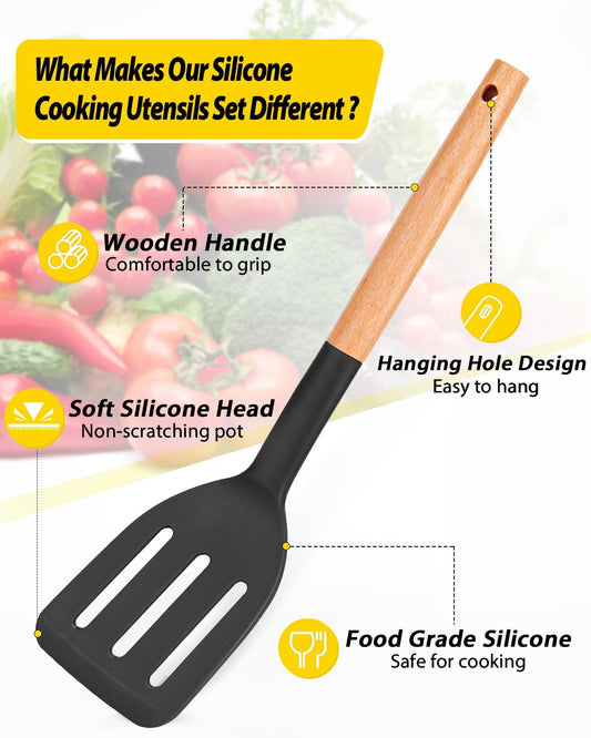 Pack of 4 Silicone Cooking Utensils Set, Non Stick Solid Spatulas and Heat Resistant Slotted Spoons with Wooden Handle, Ideal Wood Kitchen Utensils Set for Frying,Serving,Turning,Stirring (BLACK)