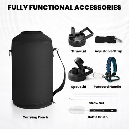 One Gallon Water Bottle Insulated, Triple Walled Vacuum Stainless Steel (Cold for 48 Hrs), Leak Proof & Non-BPA, Large Water Flask Jug with Paracord Handle & Straw Spout Lids