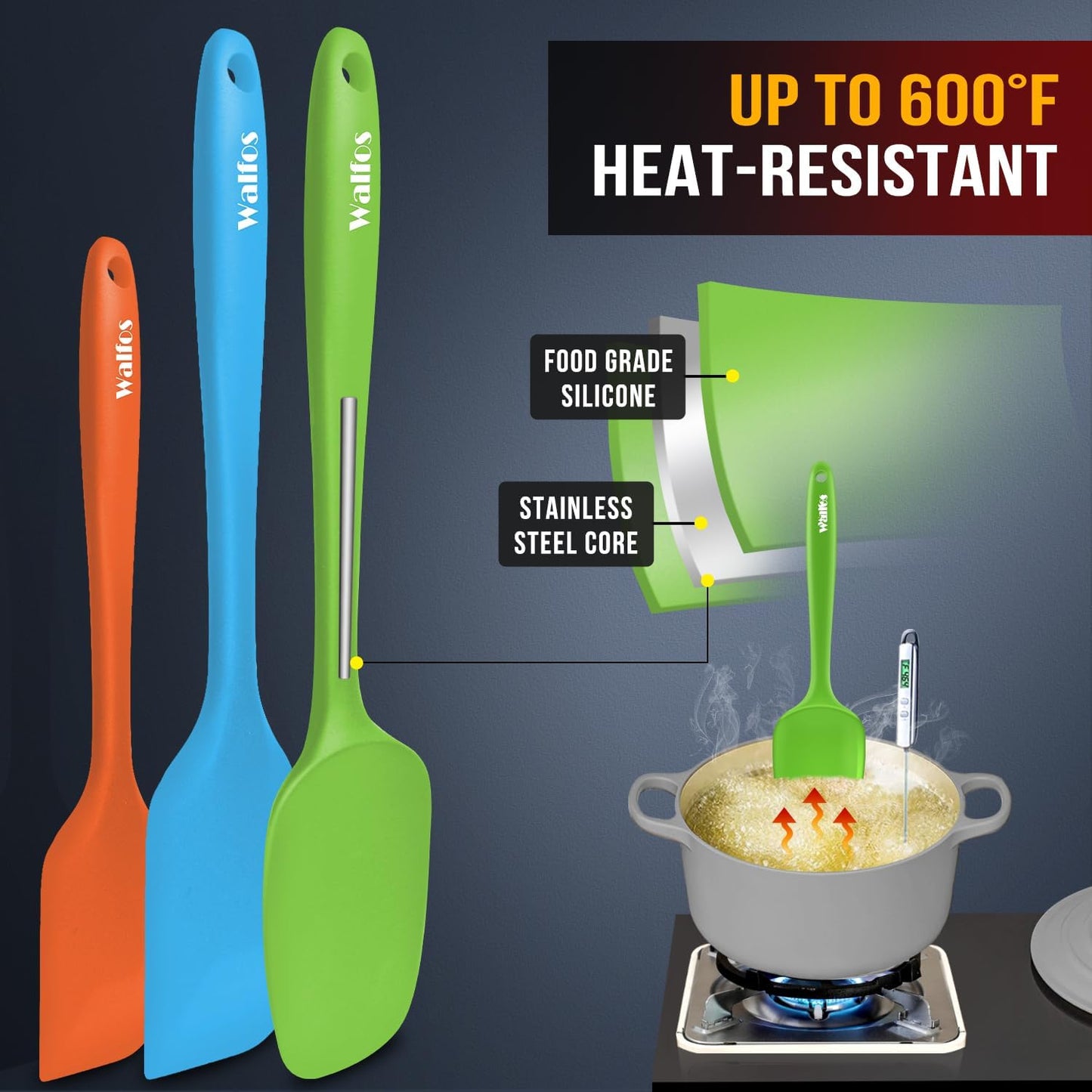 Walfos Silicone Spatula -600°F Heat Resistant Kitchen Scraper Spatulas, Strong Steel Core and One-Pieces Design, for Cooking Mixing Baking - BPA Free and Dishwasher Safe, Multicolor set of 5