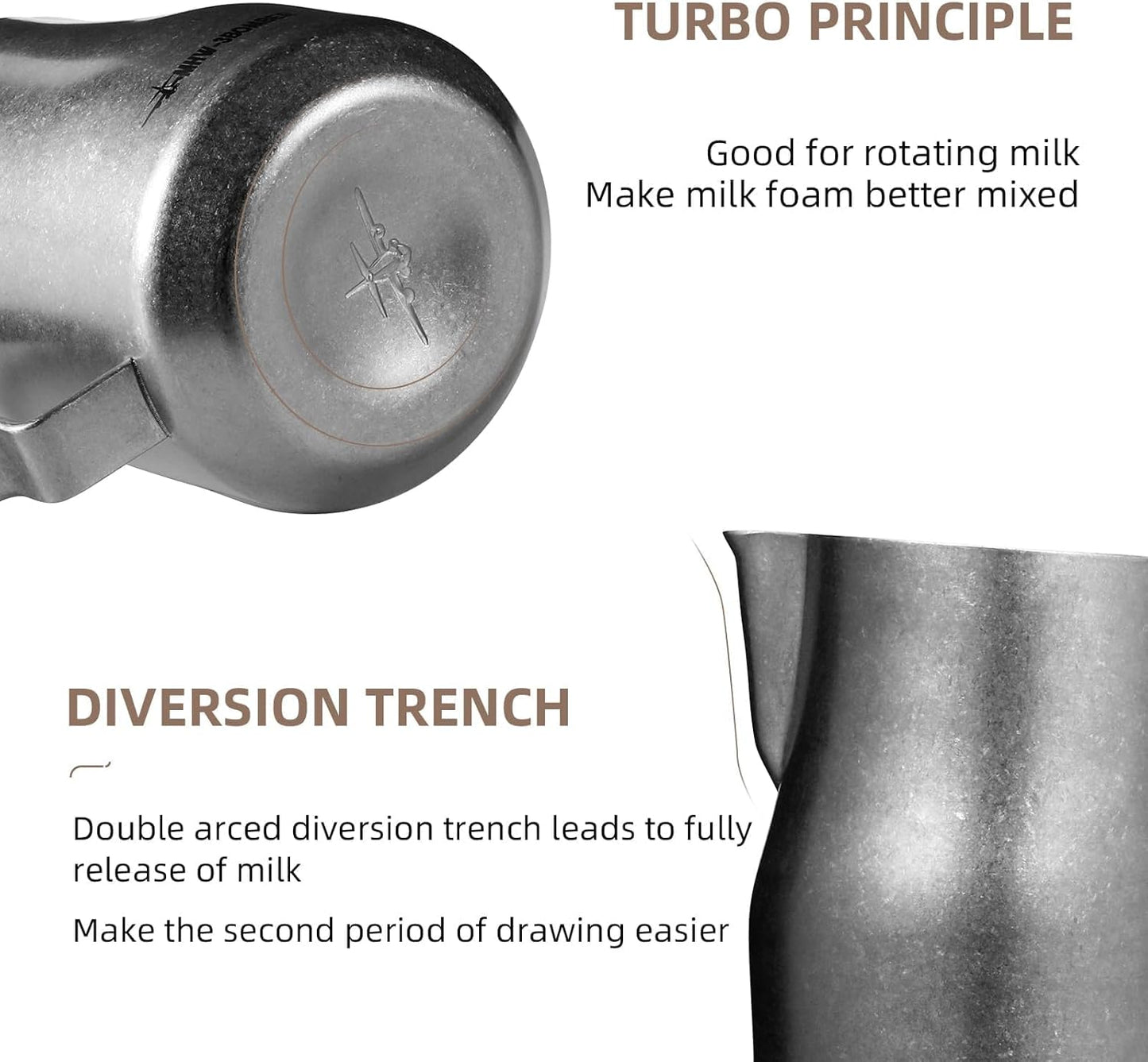 MHW-3BOMBER Milk Frothing Pitcher 450ml/15.2oz Milk Frother Cup Espresso Steaming Pitcher Stainless Steel Milk Frother Cup Barista Latte Art Round Spout Milk Jug, Silver spot P6003SS-OS