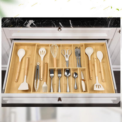 Fabsome Silverware Organizer for Cabinet Drawer, Expandable from 16.7'' to 30'' Wide Bamboo Wood Flatware Tray for Large Kitchen Drawers, Cutlery Utensil Holder