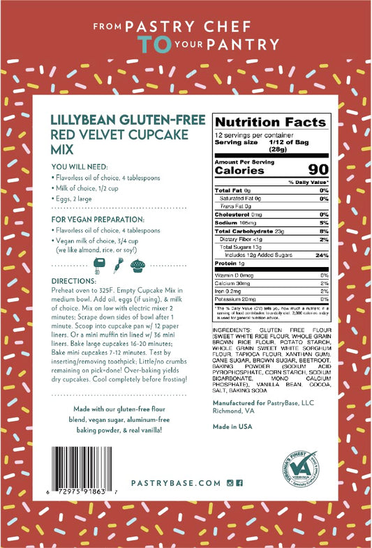LillyBean Gluten Free Moist Red Velvet Cake and Cupcake Mix with No Artificial Colors - Dairy and Soy Free, Vegan - Makes Delicious Desserts - Cakes, Donuts, Cake Pops - 12 oz
