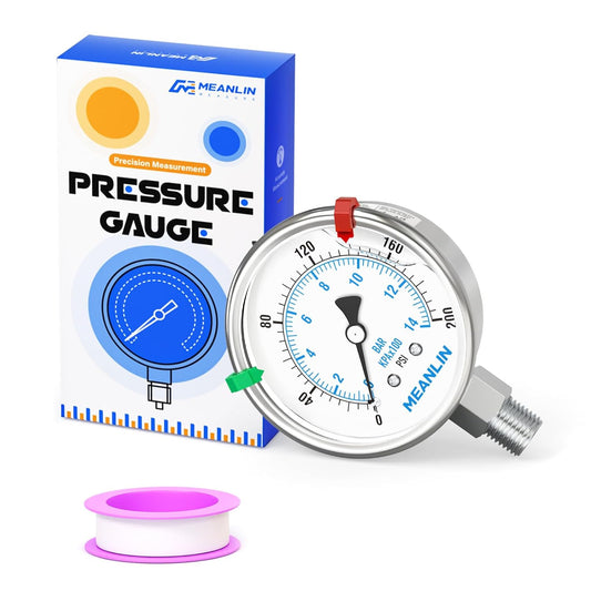 MEANLIN MEASURE 0~200Psi Liquid Filled Pressure Gauge Stainless Steel with 316 Stainless Steel Joint 1/4" NPT 2.5" FACE DIAL for Air Compressor Air Regulator Water Filter Lower Mount, with 2PCS Snaps