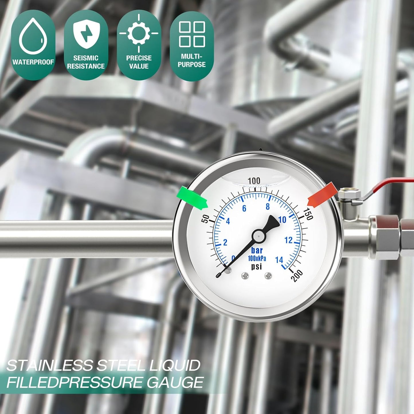 0-200PSI Stainless Steel Liquid Filled Pressure Gauge, 2.5" Dial Size, 1/4" NPT 316 Stainless Steel Joint, Back Mount, for Tube, Water Pump, Gas, Liquid (with Range Mark Pointer)