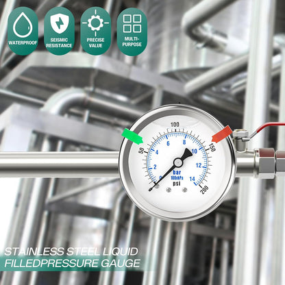 0-200PSI Stainless Steel Liquid Filled Pressure Gauge, 2.5" Dial Size, 1/4" NPT 316 Stainless Steel Joint, Back Mount, for Tube, Water Pump, Gas, Liquid (with Range Mark Pointer)