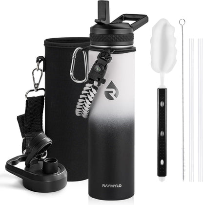 Insulated Water Bottle 24oz, Triple Wall Vacuum Stainless Steel (Cold for 48 Hrs, Hot for 24Hrs), Leak Proof & Non-BPA, 24oz Hydro Water Flask with Paracord Handle & Straw Spout Lids