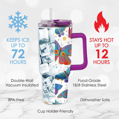 RainCaper 18/8 Stainless Steel Insulated Water Tumbler with Straw | 30oz, BPA-Free, Double Wall for Hot & Cold | Travel-Friendly, Cup Holder Ready (Laurel Burch Mariposas)
