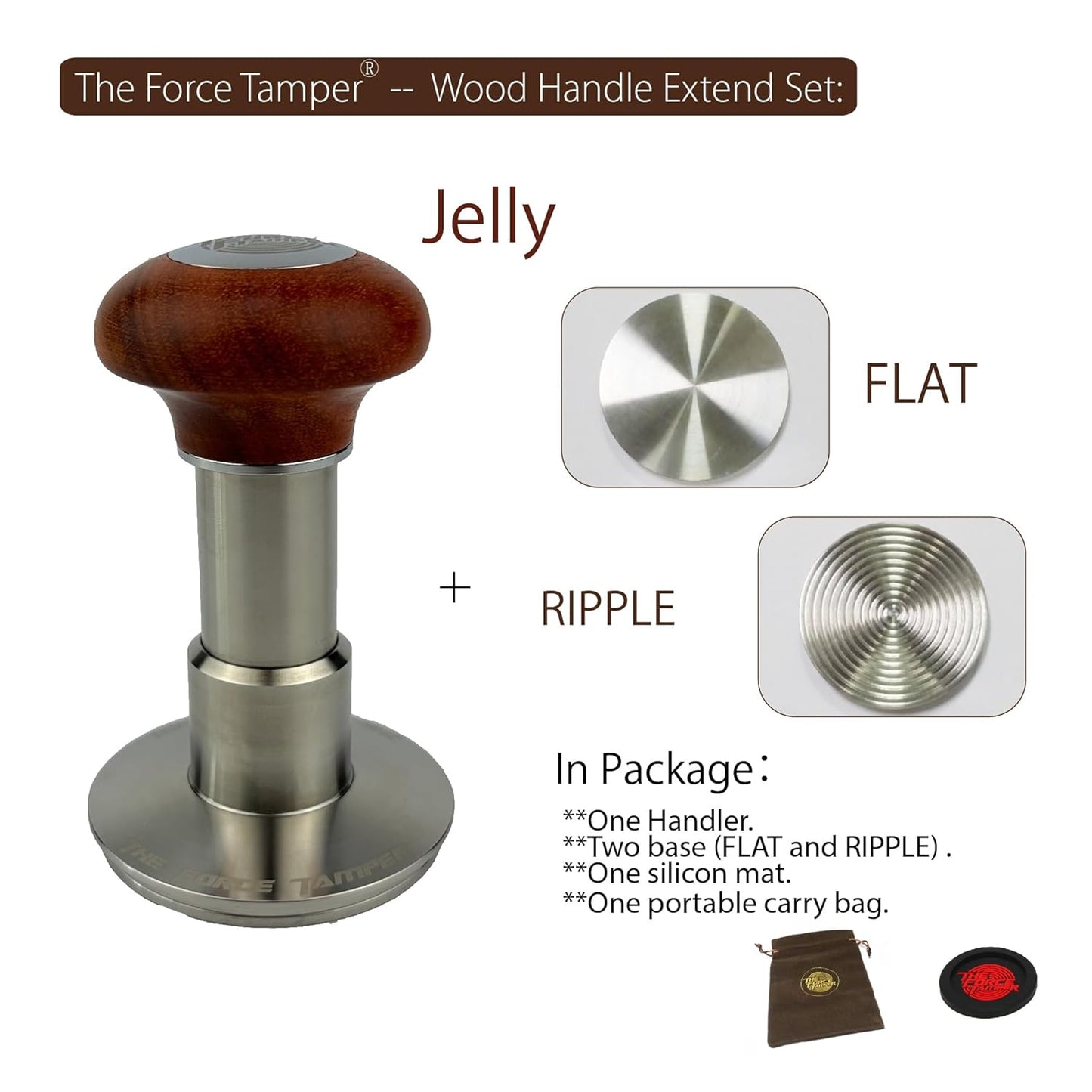 The Force Tamper Automatic Impact Adjustable Constant Pressure and Autoleveling Coffee Tamper Reddish Brown Jellyfish Wooden Handle Set Pro (Extend Set, 54.00mm)
