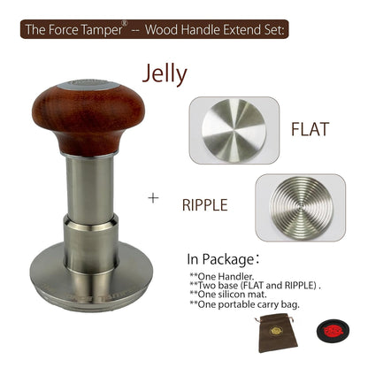 The Force Tamper Automatic Impact Adjustable Constant Pressure and Autoleveling Coffee Tamper Reddish Brown Jellyfish Wooden Handle Set Pro (Extend Set, 53.00mm)