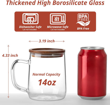 Glass Coffee Mugs, 14 oz Glass Coffee Cups with Acacia Wood Lids, Clear Borosilicate Glass Mugs with Handles for Cappuccino, Tea, Latte, Hot/Cold Beverages, Wine, Americano, Set of 2