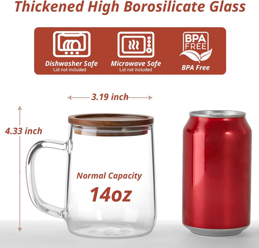 Glass Coffee Mugs, 14 oz Glass Coffee Cups with Acacia Wood Lids, Clear Borosilicate Glass Mugs with Handles for Cappuccino, Tea, Latte, Hot/Cold Beverages, Wine, Americano, Set of 2