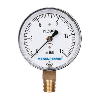MEASUREMAN Diaphragm Type Capsule Low Pressure Gauge, 2-1/2" Dial, 1/4" NPT Lower Mount, Adjustable, 0-15 in H2O(Inches of Water)