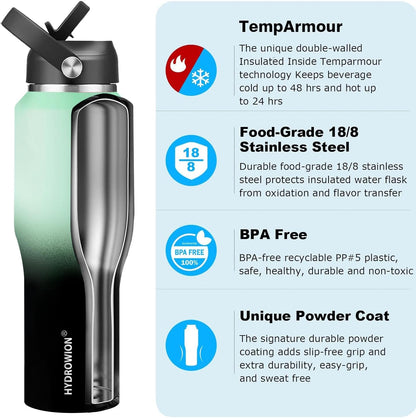HYDROWION 40 oz Insulated Water Bottle with Straw fit in Car Cup Holder(Cold 48 hrs, Hot 24 hrs) Drinking Bottle with Straw Lid, Spout Lid and Flex Cap Leakproof Travel Thermo Mug，Mint - Black
