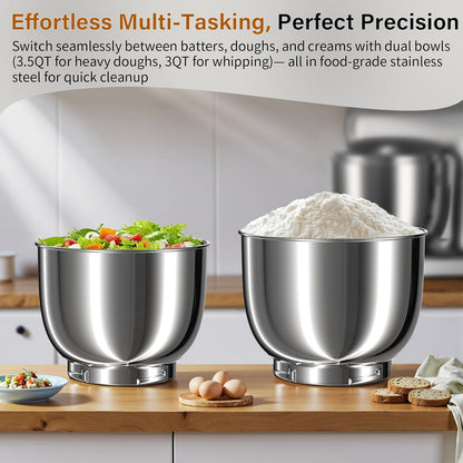 Stand Mixer with 3QT+3.5QT Dual Bowls, 10-Speed Electric 300W Food Mixer - Includes Egg Whisk, Dough Hook & Flat Beater for Home Baking & Daily Cooking (GraySilver)