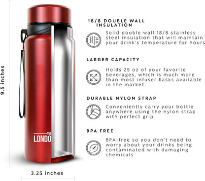 London Sip 25 oz Multi-Function Travel Mug and Tumbler Tea Infuser Water Bottle Fruit Infuser Flask Hot and Cold Double Wall Stainless Steel Coffee Thermos, Sacred Red, Pack of 2