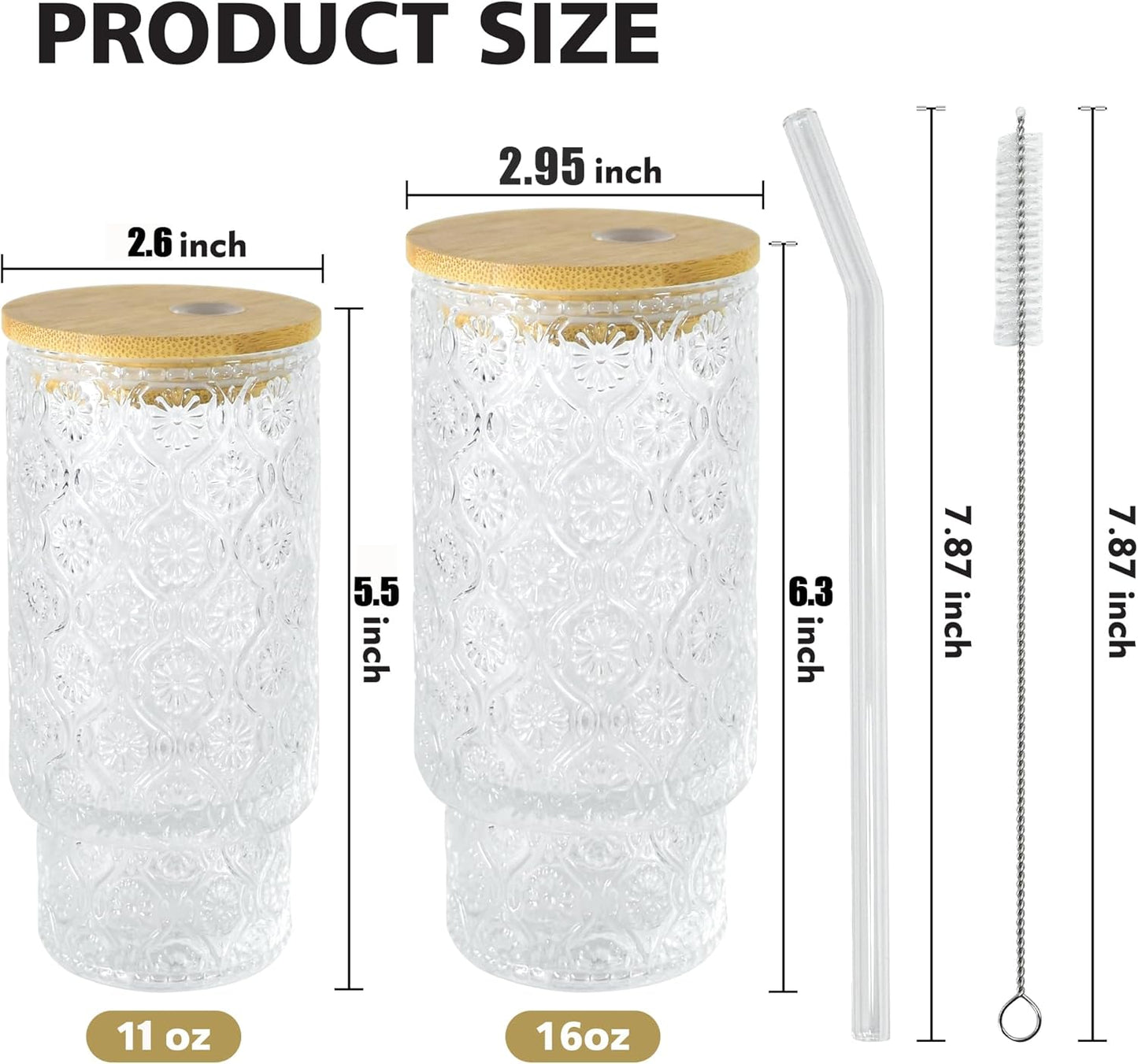 4 Pcs 11oz Drinking Glasses Cups Set with Bamboo Lids Straws Brush Small Embossed Glassware Set for Juice Iced Coffee Cocktail Whiskey(Begonia*4)
