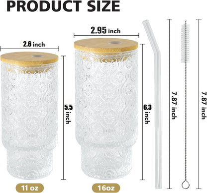 4 Pcs 11oz Drinking Glasses Cups Set with Bamboo Lids Straws Brush Small Embossed Glassware Set for Juice Iced Coffee Cocktail Whiskey(Begonia*4)