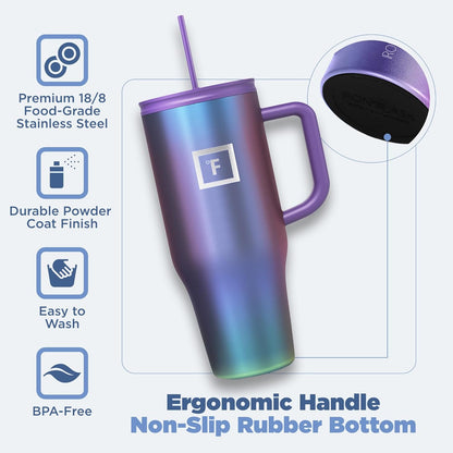 IRON °FLASK Co-Pilot Insulated Mug w/Straw & Flip Cap Lids - Cup Holder Bottle for Hot, Cold Drink - Leak-Proof - Water, Coffee Portable Travel Mug - Cashmere Cream, 32 Oz