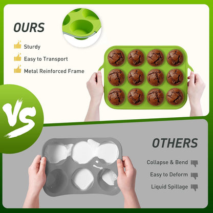 12 Cups Silicone Muffin Pan with Metal Reinforced Frame Regular Size Cupcake Pan Tray Egg Bites Silicone Circle Cookie Molds Muffin Tin Tart Pans Baking Sheet Set for Oven Dishwasher Safe