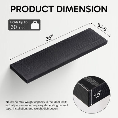 BAYKA Floating Shelves, 36" Wall Mounted Rustic Wood Shelves for Bathroom, Bedroom, Living Room, Kitchen, Office, Hanging Shelf for Books/Storage/Decor(Black,Set of 2)