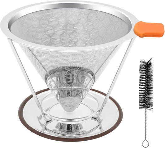 Pour Over Coffee Dripper, Paperless Pour Over Coffee Filter, Reusable Pour Over Coffee Maker Set, Dual-Layer Stainless Steel Cone Filter, Detachable Dripper Stand, Single Cup Brewer 1-2 Cup