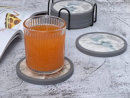 Absorbent Coasters for Drinks with Holder - 6packs, Silicone Coaster with Soft Felt Insert (4.3 inch Coasters with 4.5 inch Holder, Marble Style)