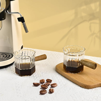 Glass Measuring Cup, 5oz Espresso Shot Glass with Wood Handle, Double Spouts Measuring Triple Pitcher Milk Cup for Coffee Tea (Transparent Ribbed)