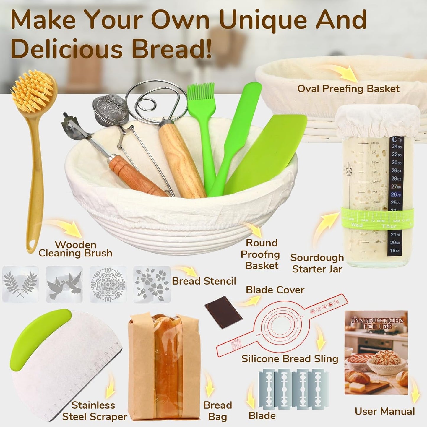 Sourdough Starter Kit,9 Inch Round & 10 Inch Oval Banneton Bread Proofing Basket with Dough Whisk Bread Lame Dough Scraper Bowl Scraper Silicone Brush Sourdough Bread Baking Supplies