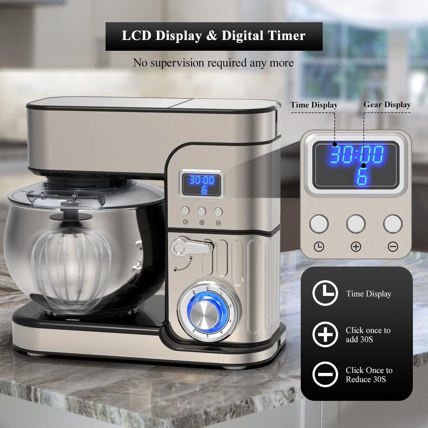 6-IN-1 Stand Mixer, LCD Display Kitchen Electric Mixer, 6.5QT Stainless Steel Bowl, Multi-Function Kitchen Blender With Dough Hook, Whisk, Beater, Meat Grinder, Splash Guard